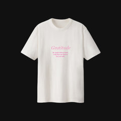 White Short Sleeve T-Shirt Pink Lettering Gratitude