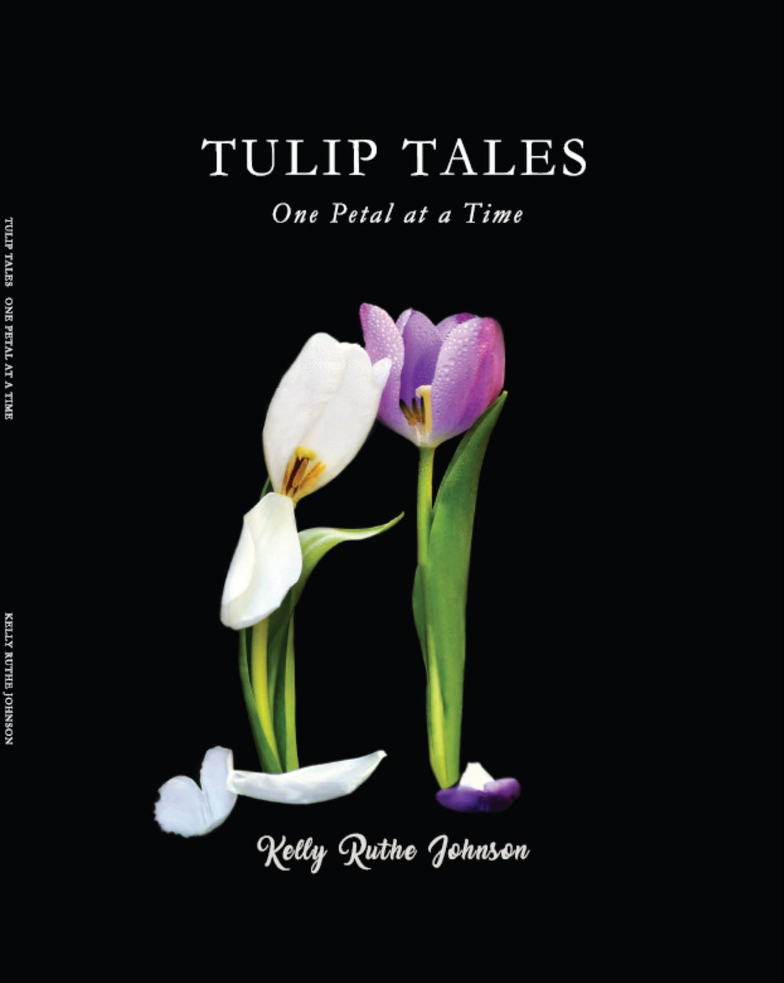 Two yellow tulips in front of a blurred background of purple flowers